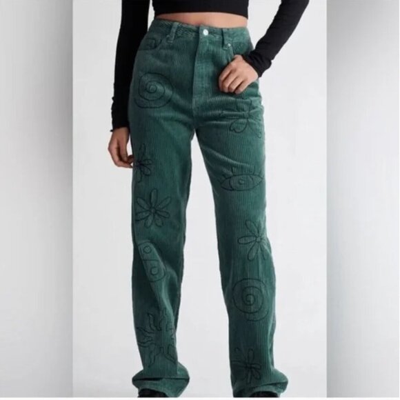 PacSun Corduroy Pants 90s Boyfriend Embroidered Floral Evil Eye Green New 27 - Picture 1 of 9